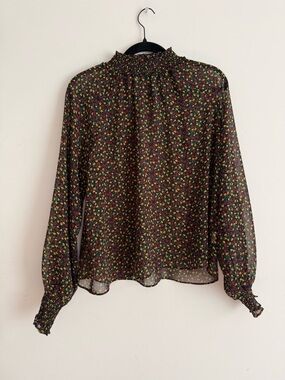 GAP Black Floral Smocked-Neck Long Sleeve Blouse